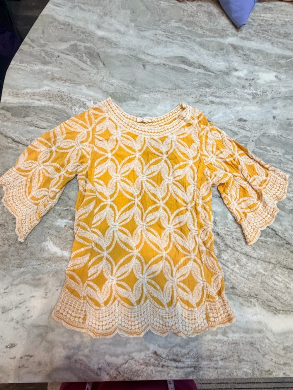Solitaire Mustard Lace Crochet Top Small Boho Bell Sleeve Scalloped Hem Blouse